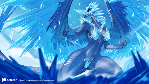 16:9 5_fingers alanscampos anthro armor biped blue_body blue_eyes blue_scales blurred_foreground breasts claws clothed clothing day digital_drawing_(artwork) digital_media_(artwork) dragon elder_dragon female finger_claws fingers hi_res ice navel non-mammal_breasts outside patreon_logo scales scalie sky snow solo text url velkhana video_games widescreen wings // 2000x1125 // 632.8KB