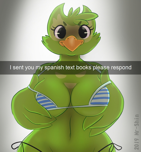 2019 anthro anthrofied avian beak bird breasts cleavage clothed clothing crossgender digital_media_(artwork) duo_(duolingo) duolingo english_text evil_grin eyelashes feathers female green_body green_feathers hi_res lol_comments looking_at_viewer mascot mr-shin mtf_crossgender non-mammal_breasts owl signature smile snapchat solo text yellow_beak // 1200x1300 // 771.1KB
