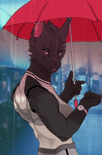 2019 absurd_res anthro biped canid canine clock clothed clothing con5710 detailed_background fur hair hi_res holding_object looking_at_viewer male mammal muscular muscular_anthro muscular_male open_mouth raining shirt smile solo sweatpants tank_top topwear umbrella watch // 1600x2420 // 1.2MB
