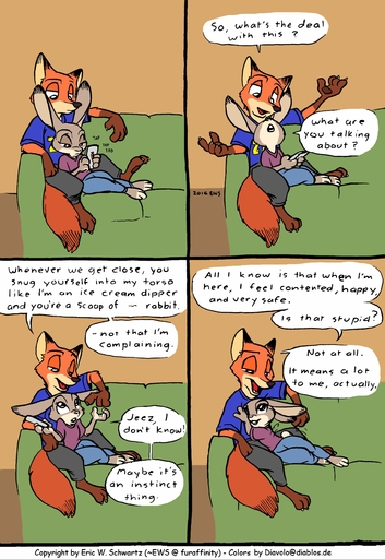 2016 absurd_res anthro buckteeth canid canine clothing color_edit colored comic dialogue diavololo disney duo edit english_text eric_schwartz female fox fur furniture grey_body grey_fur hi_res judy_hopps lagomorph leporid long_ears mammal nick_wilde rabbit red_body red_fur size_difference sofa teeth text zootopia // 1812x2628 // 519.1KB
