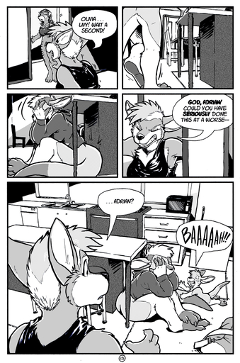 2014 adrian_gray ali_gray anthro bottomless canid canine canis casual_exposure clothed clothing comic cub dasyuromorph digital_media_(artwork) english_text female greyscale hildegard_rothschild kangaroo macropod male mammal marsupial monochrome mother mother_and_child mother_and_son olivia_van_der_sar parent parent_and_child rick_griffin son speech_bubble text thylacine wolf young // 699x1056 // 628.1KB