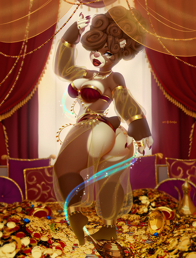 anthro big_breasts big_butt breasts butt cleavage clothed clothing dancer_outfit ear_piercing ear_ring female mammal piercing smiju solo thong treasure underwear ursid // 834x1100 // 1010.6KB