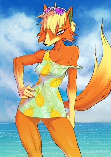 anthro arms_by_side audie_(animal_crossing) beach bent_arm breasts canid canine canis clothed clothing dress eyewear eyewear_on_head female food_print fruit_print fur glasses glasses_on_head hand_on_hip hand_on_own_hip hi_res holding_hips johnfoxart looking_at_viewer mammal off_shoulder plant_print print_clothing print_dress red_body red_fur seaside solo standing straight_arm video_games wolf // 905x1280 // 224.6KB
