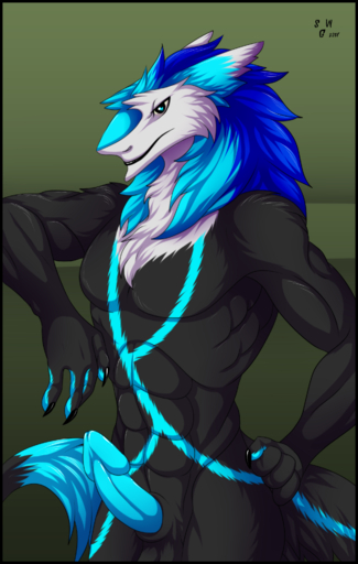 absurd_res anthro black_border border erection fluffy genitals hi_res male muscular muscular_anthro muscular_male penis sergal silvergrin solo // 2030x3202 // 2.3MB