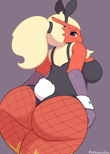 2018 anthro avian big_butt blaziken blue_eyes bodily_fluids breasts bunny_costume butt clothed clothing costume digital_media_(artwork) female fishnet fur hair hi_res multicolored_body multicolored_fur nintendo non-mammal_breasts partially_clothed pinkcappachino pokemon pokemon_(species) ponytail signature simple_background solo sweat sweatdrop thick_thighs video_games yellow_sclera // 1000x1400 // 385.3KB