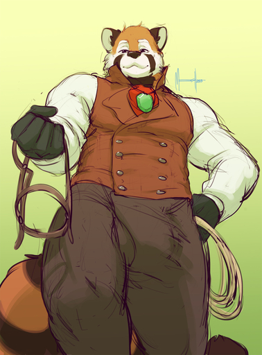 ailurid anthro bdsm big_bulge bridle bulge button_(fastener) clothed clothing collar digital_media_(artwork) domination fur gem hi_res holding_object jewelry looking_at_viewer looking_down low-angle_view male mammal meesh muscular muscular_anthro muscular_male necklace offering_collar partran_(red_panda) red_panda rope smile solo standing // 887x1200 // 574.0KB