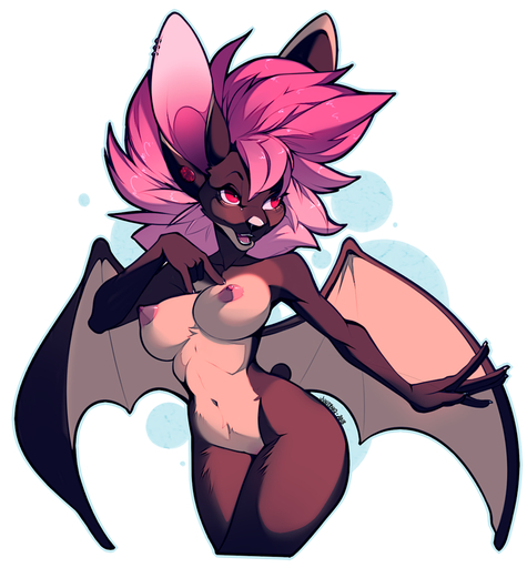 anthro big_breasts blush breasts chiropteran curvy_figure featureless_crotch female hair hybrid junebuq makeup mammal nipples open_mouth open_smile pink_hair pink_nipples pose smile solo teeth thick_thighs voluptuous wide_hips wings // 742x800 // 346.0KB