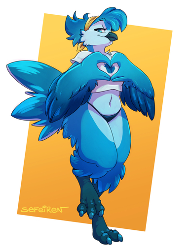 2019 <3 abstract_background anthro avian bandanna beak bird bird_feet blue_body blue_eyes blue_feathers breasts cheek_tuft claws clothed clothing conditional_dnp crop_top digital_media_(artwork) eyelashes facial_tuft feathered_wings feathers female gesture hand_heart head_tuft hi_res hindpaw kerchief looking_at_viewer meme midriff navel non-mammal_breasts panties partially_clothed paws sefeiren shirt solo topwear tuft tweetfur underwear winged_arms wings // 957x1280 // 605.6KB