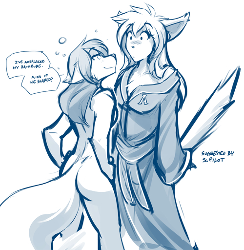2018 anthro basitin bathrobe blue_and_white blush breasts butt canid canine canis casual_nudity chest_tuft clothed clothing conditional_dnp dialogue drunk duo english_text female femalefemale flirting half-closed_eyes hands_on_hips hi_res humor keidran king_adelaide mammal monochrome narrowed_eyes natani nude robe side_boob simple_background sketch smile substance_intoxication tail_boner text tom_fischbach tuft twokinds webcomic webcomic_character white_background wolf // 1600x1638 // 918.2KB