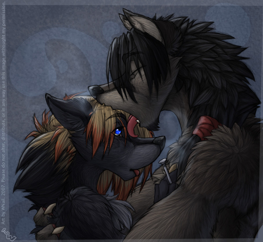 2007 abstract_background anthro black_nose blue_eyes canid canine canis digital_media_(artwork) duo female fleki_(character) hug licking male malefemale mammal open_mouth romantic_couple teeth tongue tongue_out wolf wolfy-nail wolfy-nail_(character) // 909x838 // 233.4KB