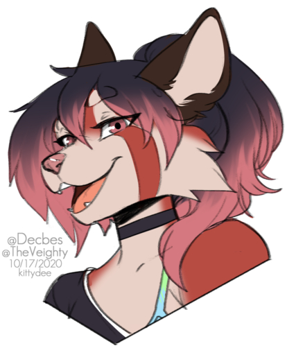 2020 ailurid anthro bra canid canine choker clothed clothing digital_media_(artwork) girly hair highlights_(coloring) jewelry kittydee male mammal necklace open_mouth pink_eyes red_panda smile solo tae_(pkuai) teeth tongue underwear // 808x1000 // 485.7KB