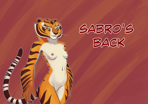 absurd_res anthro breasts dreamworks felid female hi_res kung_fu_panda looking_at_viewer mammal master_tigress nipples nude pantherine sabrotiger simple_background small_breasts smile solo standing text tiger // 4299x3035 // 2.7MB