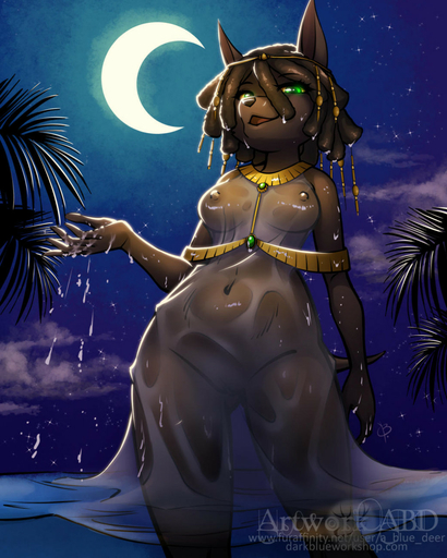 2020 4:5 abluedeer anthro big_breasts breasts canid canine canis clothing crescent_moon curvaceous curvy_figure digital_drawing_(artwork) digital_media_(artwork) domestic_dog egyptian female gold_(metal) gold_jewelry green_eyes hi_res jewelry mammal moon solo voluptuous water wet wet_clothing // 1024x1280 // 285.2KB