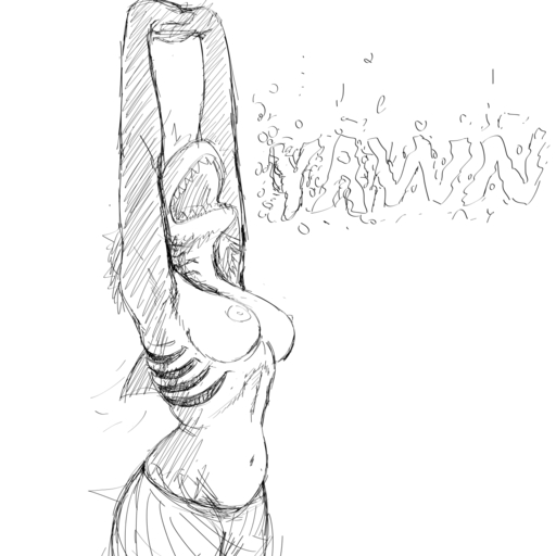 1:1 anthro breasts clothed clothing female fish gills hi_res hladilnik marine monochrome nipples non-mammal_breasts open_mouth shark sharp_teeth sketch solo stretching teeth topless yawn // 1280x1280 // 192.6KB