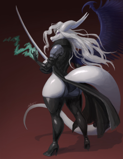 2019 anthro armor big_butt butt butt_pose clothed clothing curvaceous curvy_figure dragon female footwear hair half-closed_eyes hi_res high_heels horn legwear long_hair makeup melee_weapon narrowed_eyes nipple_outline pose raised_tail rear_view red_background shoes simple_background skindentation smile solo squish standing sword taranima thick_tail thick_thighs thigh_highs thigh_squish tight_clothing voluptuous weapon white_body wide_hips wings // 927x1200 // 933.5KB