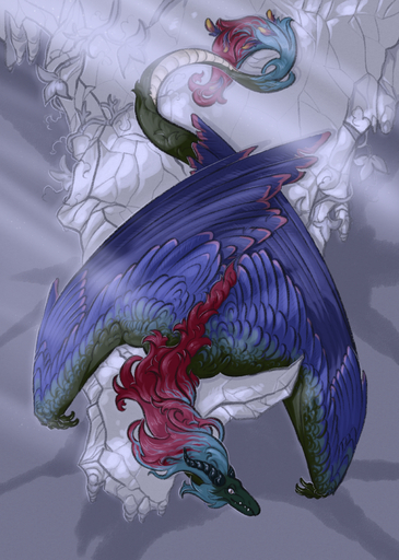 2019 ambiguous_gender blue_body blue_feathers digital_media_(artwork) dragon feathered_dragon feathered_wings feathers feral hair hi_res horn polunoch red_hair solo wings // 1280x1794 // 2.9MB