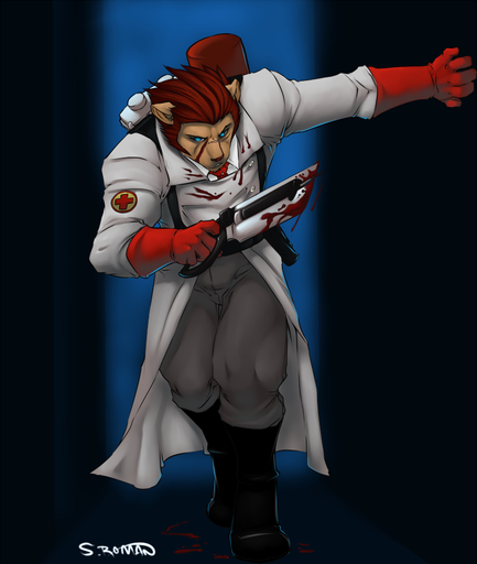 anthro blood bodily_fluids clothing faint felid gloves hair handwear holding_object holding_weapon lion male mammal medic_(team_fortress_2) pantherine red_hair saw sieg_black solo tools video_games weapon // 800x945 // 339.2KB