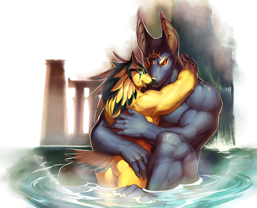 2014 accipitrid accipitriform anthro anubian_jackal anubis avian bath beak biceps big_muscles bird black_body black_fur black_sclera blue_eyes brother brothers butt canid canine canis deity detailed duo embrace feathers fur horus hug incest_(lore) interspecies jackal larger_male looking_at_viewer looking_back male malemale mammal muscular muscular_male nipples nude null-ghost partially_submerged pecs red_eyes seductive sibling sitting size_difference smaller_male standing tail_feathers water waterfall wet yellow_body yellow_fur // 1209x981 // 588.9KB