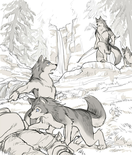 all_fours ambiguous_gender anthro arrow blue_eyes bow_(weapon) canid canine canis digital_drawing_(artwork) digital_media_(artwork) forest group holding_object holding_weapon human kikurage mammal plant quiver ranged_weapon standing step_pose tree water waterfall weapon wolf // 850x1000 // 317.9KB