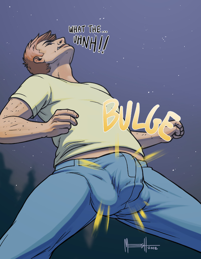 2012 5_fingers absurd_res biceps big_bulge bottomwear bulge clothed clothing comic dialogue digital_media_(artwork) english_text fingers fist genital_outline grass hair hi_res human human_only looking_down male mammal manly meesh muscular muscular_male night not_furry orange_hair outside pants pecs penis_outline plant shadow solo text transformation // 2550x3300 // 1.5MB