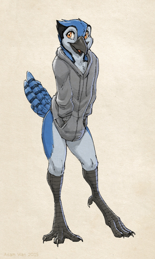 2015 3:5 anthro avian beak bird bird_feet bj_(character) black_beak black_body black_feathers blue_body blue_feathers blue_jay bottomless claws clothed clothing corvid digital_media_(artwork) digitigrade feathers hands_in_pockets hi_res hoodie jay_(bird) looking_up male new_world_jay open_mouth orange_eyes oscine passerine pockets portrait scutes simple_background smile solo toe_claws tongue topwear white_body white_feathers zaush // 960x1600 // 616.6KB
