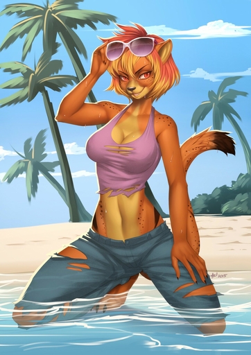 2015 5_fingers alanscampos anthro beach biped blonde_hair breasts brown_body brown_fur claws clothed clothing cloud detailed_background eyewear felid female finger_claws fingers fur glasses hair hand_on_leg hand_on_thigh hi_res kneeling looking_at_viewer mammal midriff multicolored_hair navel open_mouth outside palm_tree pink_hair plant public red_eyes sand seaside sky smile solo spots sunglasses tigerlily_(charise) toe_claws torn_clothing tree two_tone_hair water // 905x1280 // 224.1KB