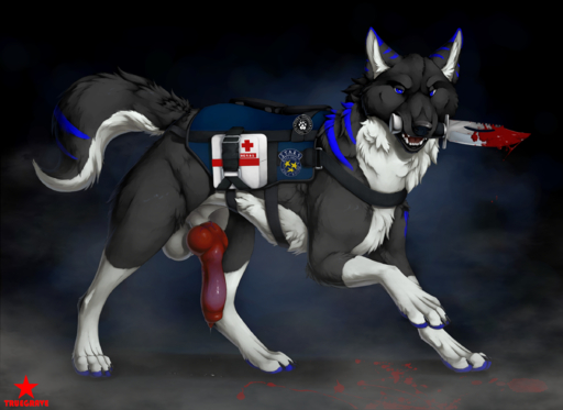 2020 anatomically_correct anatomically_correct_genitalia anatomically_correct_penis animal_genitalia animal_penis balls black_body black_fur black_nose blood blue_body blue_eyes blue_fur bodily_fluids canid canine canine_penis canis capcom erection feral fur genital_fluids genitals hi_res holding_knife holding_object holding_weapon knife knot leg_markings looking_at_viewer male mammal markings multicolored_body multicolored_fur object_in_mouth penis precum quadruped red_penis resident_evil socks_(marking) solo standing truegrave9 two_tone_body two_tone_fur video_games weapon white_body white_fur wolf // 2400x1749 // 2.9MB