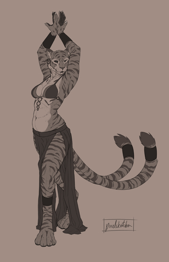 2016 abs anthro barefoot belly belly_dancer biped breasts clothed clothing dancing digital_media_(artwork) feet felid female fur hi_res hindpaw jewelry mammal midriff multi_tail navel nekomata pantherine paws pixelsketcher pose simple_background sketch smile solo striped_body striped_fur stripes tiger toes wide_hips yōkai // 902x1400 // 223.4KB