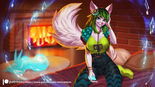 alanscampos anthro bed belt blue_eyes bracelet breasts canid canine cellphone clothing eyebrows eyelashes female fireplace fluffy fluffy_tail footwear fox fur furniture green_hair hair headphones hi_res holding_cellphone holding_object holding_phone holding_smartphone inside jewelry looking_at_viewer mammal musical_note necklace phone pillow salt_(paladins) smartphone smile smiling_at_viewer socks solo topwear vest white_body white_fur // 1800x1013 // 1009.6KB