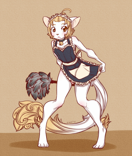 anthro bell biped blush brown_eyes caninelove cleaning_tool clothed clothing collar crossdressing digital_media_(artwork) domestic_cat feather_duster felid feline felis frilly fur genitals girly honey_(caninelove) maid_uniform male mammal penis ribbons simple_background solo standing uniform white_body white_fur // 800x941 // 817.4KB