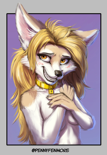2021 5_fingers anthro black_nose blonde_hair blush breasts brown_eyes canid canine collar collar_only digital_media_(artwork) eyebrows eyelashes female fennec fingers fox foxovh fur gold_(metal) gold_collar hair half-length_portrait hi_res humanoid_hands long_hair looking_at_viewer mammal multicolored_body multicolored_fur nude penny_fenmore portrait shaded smile solo tan_body tan_fur teeth two_tone_body two_tone_fur vulpes white_body white_fur // 891x1280 // 710.8KB