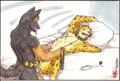 2006 anal anal_penetration animal_genitalia animal_penis anthro anthro_on_anthro anus balls bed bodily_fluids butt canid canine canine_penis canis cheetah collar cum cum_inside digital_media_(artwork) domestic_dog domination duo erection felid feline furniture genital_fluids genitals handjob handjob_while_penetrating holding_leash holding_object inside knot leash lube male malemale male_domination male_penetrated male_penetrating male_penetrating_male mammal marker_(artwork) meesh nude on_bed penetration penile penile_spines penis sex submissive submissive_male traditional_media_(artwork) // 1107x750 // 691.0KB