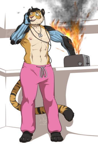 abs android anthro biped bodily_fluids clothed clothing fangs felid fire headphones hi_res hybrid inside jewelry jiang_winters kittydee machine male mammal navel necklace nipples open_mouth pantherine phone robot solo standing sweat teeth tiger toaster tongue topless // 858x1280 // 595.6KB