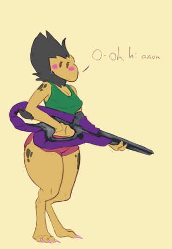 alien anthro artblush bare_shoulders blush bottomwear bungie clothed clothing dialogue female gun halo_(series) holding_object holding_weapon hotpants kig-yar microsoft ranged_weapon scalie shirt shorts solo t'vaoan tank_top thick_thighs topwear video_games weapon wide_hips xbox_game_studios // 679x979 // 150KB