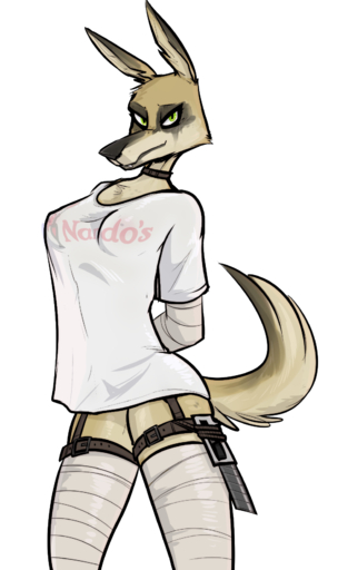 anthro box_cutter breasts canid canine clothed clothing eyeshadow female green_eyes hands_behind_back hi_res improvised_weapon keadonger looking_at_viewer makeup mammal melee_weapon shirt smile solo t-shirt teeth tight_clothing topwear weapon wrappings // 994x1673 // 674.5KB