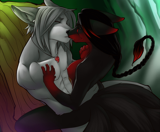 abs anthro biceps breasts canid canine canis duo faint female fox jewelry kissing male mammal multi_tail muscular necklace nipples nude pec_grasp pecs shin skarlet wolf // 1280x1054 // 489.6KB