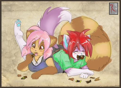 anthro border candy canid canine ceph chocolate clothed clothing dessert digital_media_(artwork) duo eyes_closed female fluff-kevlar food fox hair lying mammal on_front open_mouth orange_border pink_hair procyonid raccoon red_eyes red_hair yuuri_(character) // 1136x824 // 296.6KB