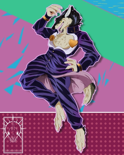 2019 4:5 <3 abstract_background anthro badge body_hair bracelet canid canine canis chest_hair claws clothed clothing cosplay exposed_chest fur hair hi_res hybrid jacket jewelry jojo's_bizarre_adventure josuke_higashikata looking_at_viewer male mammal open_mouth outline peace_symbol rezno sergal simple_background smile solo tattoo topwear unichromacorn wolf // 1024x1280 // 245.0KB