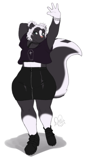 2019 4_fingers anthro biped black_body black_fur clothed clothing digital_media_(artwork) female fingers footwear fur hair hi_res kittydee mammal mephitid shoes simple_background skunk smile solo standing white_background white_hair // 682x1280 // 243KB