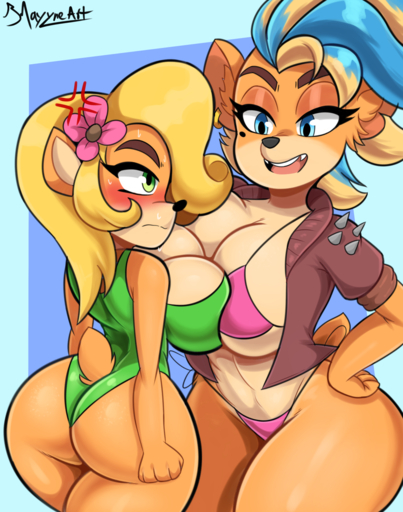 activision angry annoyed anthro asymmetrical_breast_frottage bandicoot big_breasts big_butt bikini bikini_thong blush bmayyneart bodily_fluids breast_size_difference breast_squish breasts breasts_frottage butt clothed clothing coco_bandicoot crash_bandicoot_(series) cross-popping_vein duo fangs female hair hand_on_hip hi_res jacket looking_at_another mammal marsupial one-piece_swimsuit open_mouth pirate_tawna simple_background squish sweat swimwear tawna_bandicoot thick_thighs topwear vein video_games wide_hips // 1258x1600 // 1.6MB