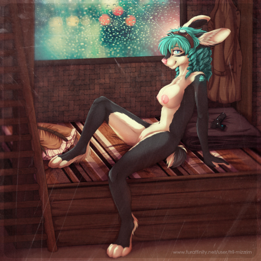 1:1 2014 anthro biped blue_eyes breasts eyewear female genitals goggles green_hair gun hair handgun hi_res lagomorph leporid mammal nipples nude pussy rabbit ranged_weapon sitting smile solo tattoo text tril-mizzrim url weapon // 2000x2000 // 5.9MB