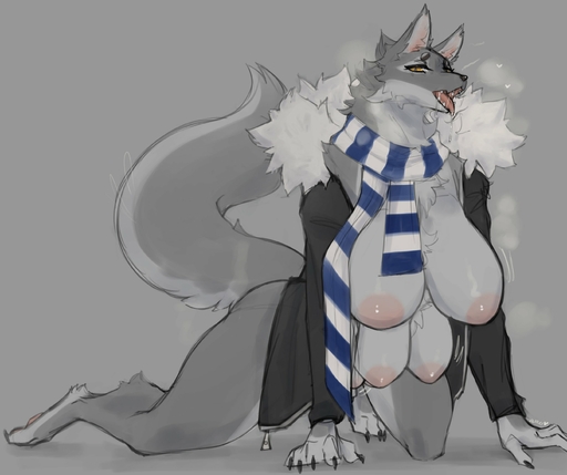 2022 <3 all_fours anthro biped bodily_fluids bottomless bottomless_anthro bottomless_female breasts breath canid canine canis claws clothed clothing digital_media_(artwork) digitigrade female finger_claws fur grey_body grey_breasts grey_fur hi_res jacket lvlirror mammal multi_breast nipples pawpads paws saliva saliva_string scarf solo toe_claws topwear wolf yellow_eyes // 2705x2266 // 280.2KB