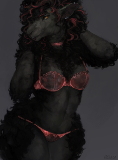 2016 absurd_res anthro areola black_body black_fur black_hair bovid bra breasts caprine clothed clothing conditional_dnp domestic_sheep ear_piercing female fur grey_background hair hi_res long_hair looking_at_viewer mammal nipples oouna panties piercing pink_nipples sheep simple_background skimpy smile solo translucent translucent_clothing underwear wide_hips // 1842x2500 // 3.8MB