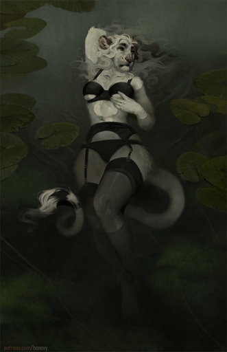4_toes 5_fingers albino anthro bra breasts clothed clothing feet felid female fingers fur garter_belt garter_straps hair hi_res honovy legwear lingerie lion mammal pantherine panties partially_submerged solo stockings text thigh_highs toes underwear url white_body white_fur white_hair // 1137x1760 // 139.0KB