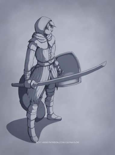 2017 ailurid anthro clothed clothing conditional_dnp dark_souls female fromsoftware hair hi_res holding_object holding_sword holding_weapon jay_naylor lynne mammal melee_weapon monochrome red_panda shield solo standing sword video_games weapon // 1529x2055 // 816.2KB