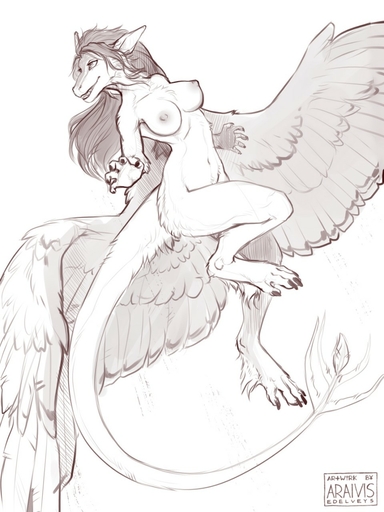 3:4 anthro araivis-edelveys avelos breasts butt_wings chest_tuft claws digitigrade dragon feathered_dragon feathered_wings feathers female flying foot_tuft fur furred_dragon greyscale hair hi_res hindpaw ista long_hair monochrome nipples non-mammal_breasts nude paws sharp_teeth smile solo teeth tuft wings // 960x1280 // 172.7KB