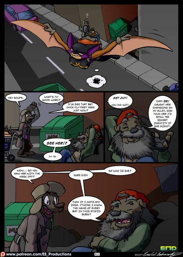 2017 alley anthro beard canid canine canis chiropteran chiropterana city clothing colored comic costume dialogue domestic_dog english_text eric_schwartz facial_hair female flying hair hi_res male mammal mask missing_teeth profanity red_hair roberta_kain soupy speech_bubble street superhero text url wings // 910x1280 // 234.5KB