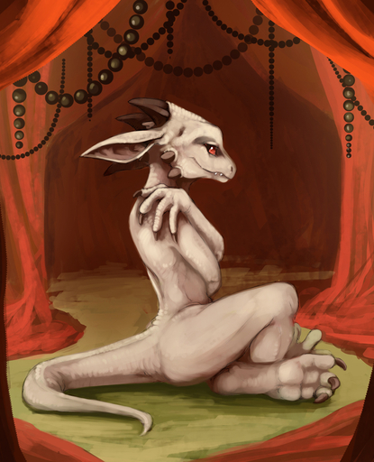 albino ambiguous_gender beads claws covering covering_self crossed_arms crossed_legs flamespitter hi_res horn kobold looking_at_viewer nude red_eyes scales scalie sitting solo tent white_body white_scales // 1038x1280 // 746.9KB