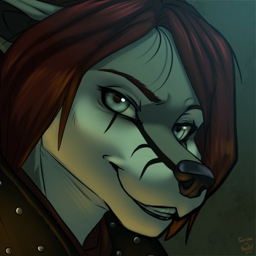 1:1 2015 anthro bethesda_softworks canid canine canis clothed clothing fallout female gorsha_pendragon grin hair half-closed_eyes hastogs headshot_portrait hi_res icon katinka_vexoria looking_at_viewer mammal narrowed_eyes portrait red_hair simple_background smile solo teeth tunnel_snakes_(fallout) video_games watermark wolf // 1280x1280 // 152.5KB