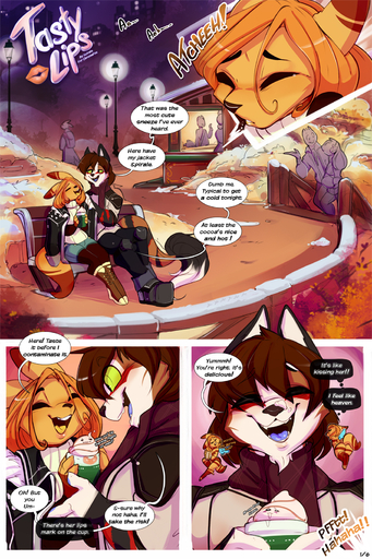 anthro beverage canid canine clothed clothing comic dialogue duo english_text female hi_res kangaroo macropod male mammal marsupial open_mouth outside sitting smile spirale spirale_(character) text // 1099x1650 // 1.4MB